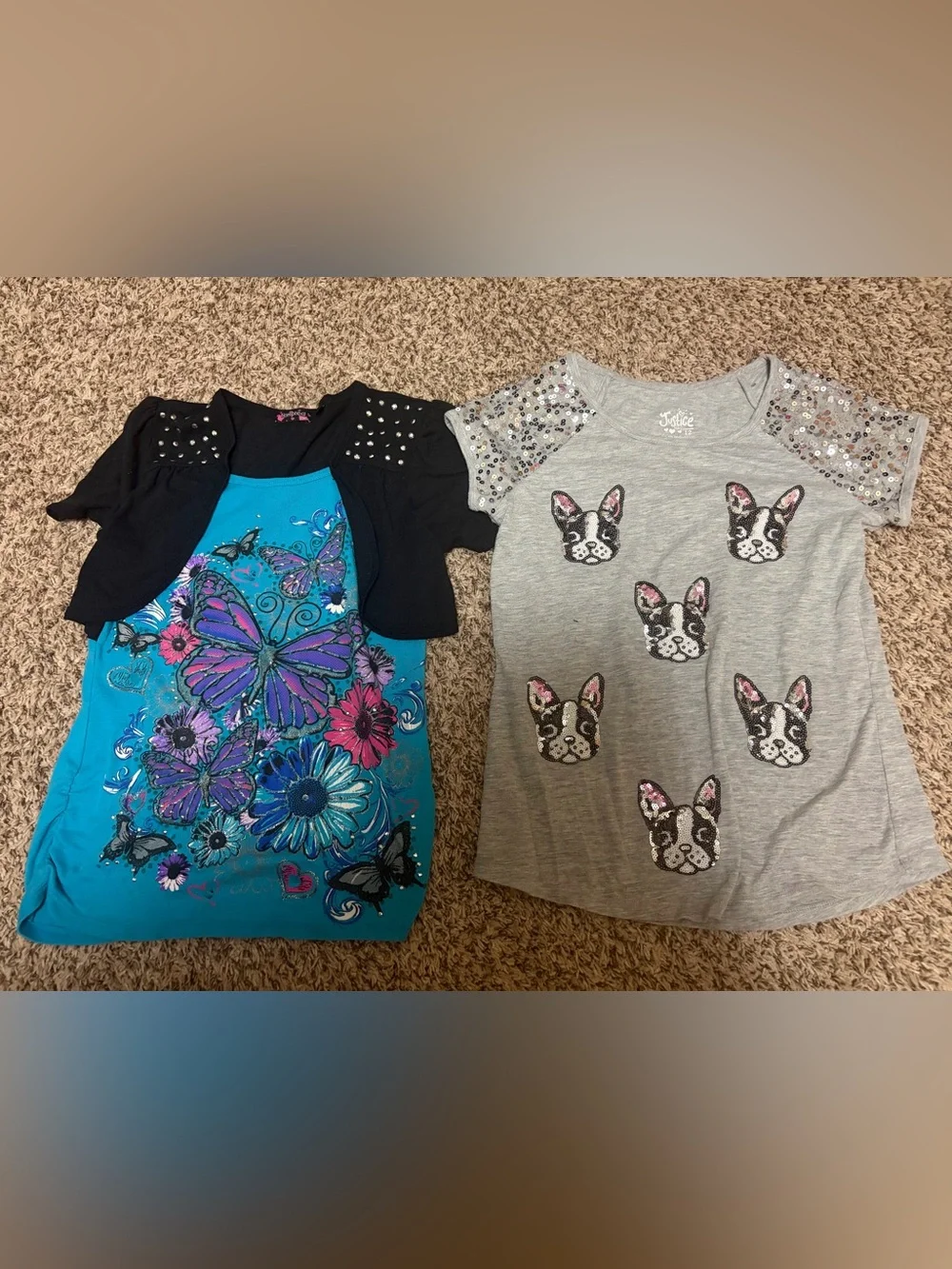 Justice Girls' Teal Butterfly Dress & Grey Sequin Dog Tee Set